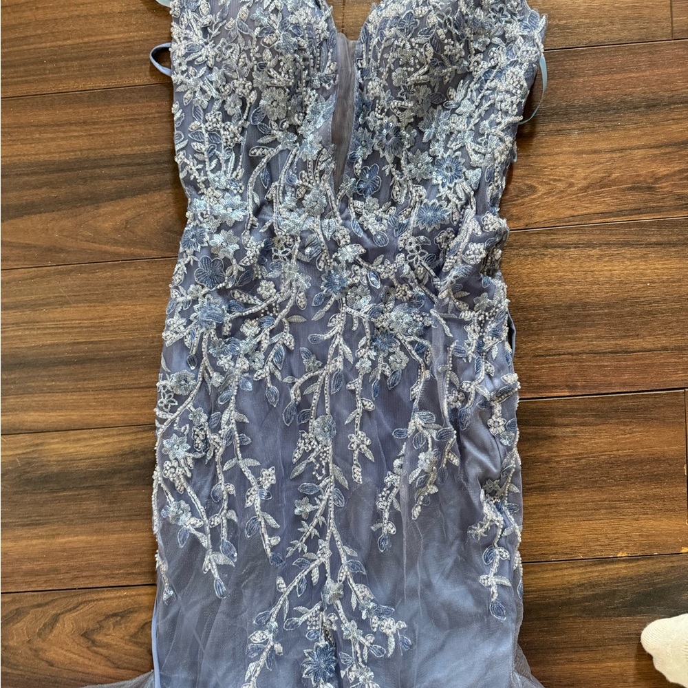 Stacees Elegant Blue Lace Prom Dress